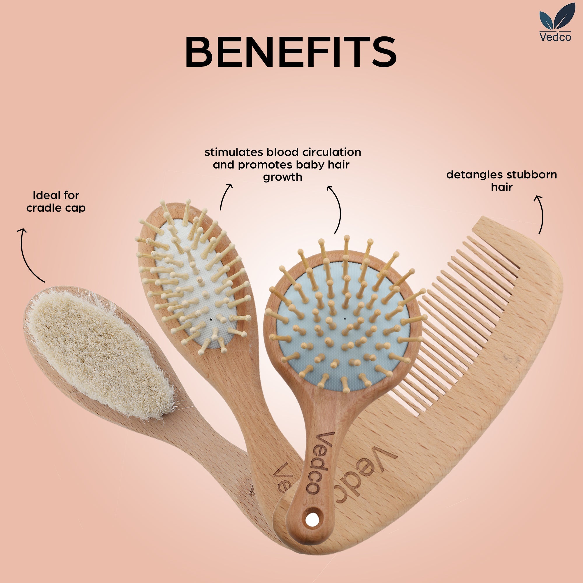 Vedco Ultra-Luxury 4-Piece Organic Wooden Baby Brush and Comb