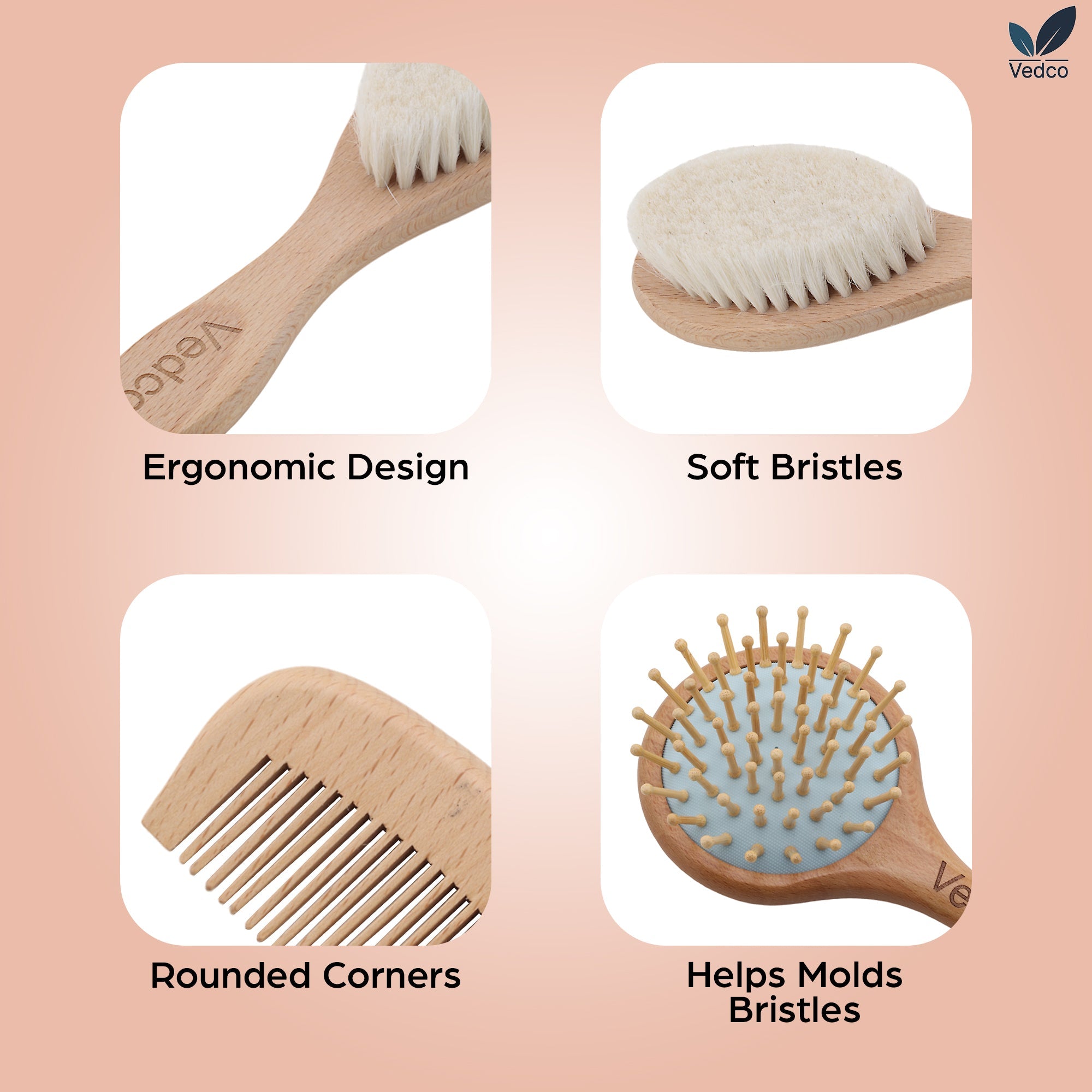 Vedco Ultra-Luxury 4-Piece Organic Wooden Baby Brush and Comb