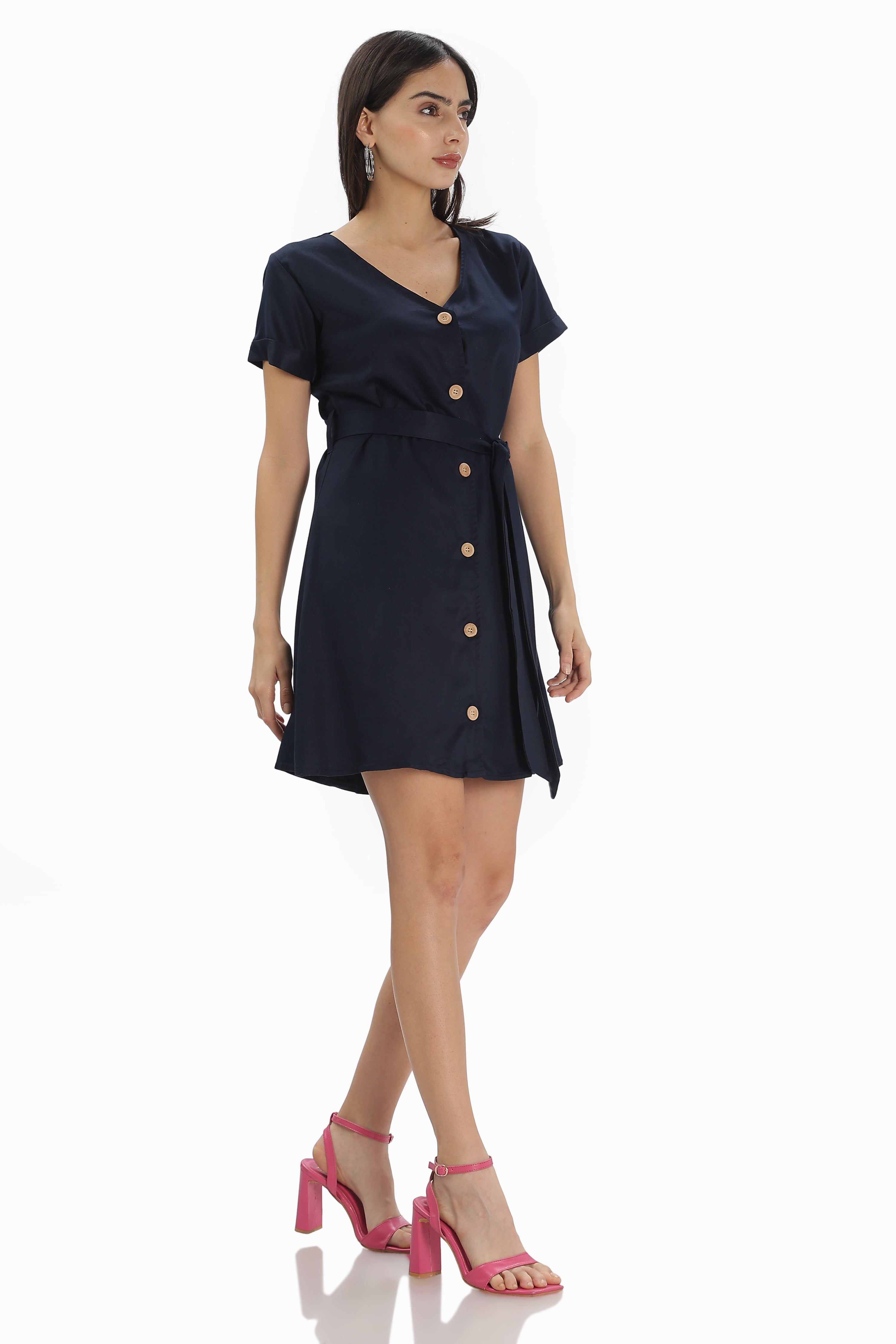 Button Cuffed Sleeve Twill Dress - Navy Blue