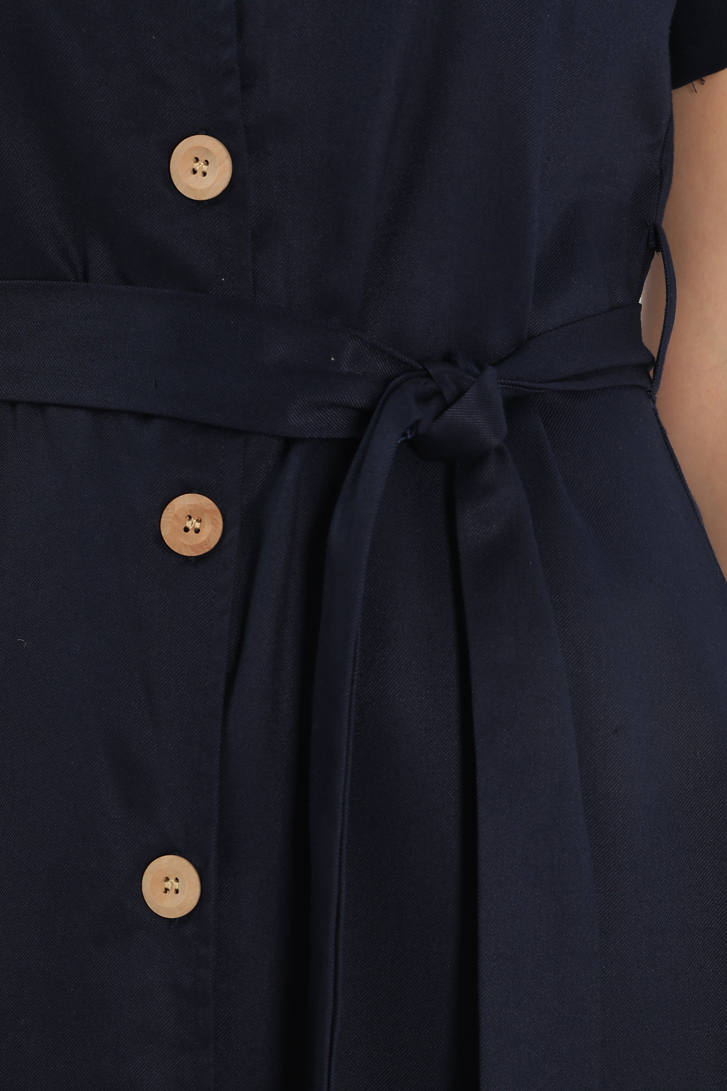 Button Cuffed Sleeve Twill Dress - Navy Blue