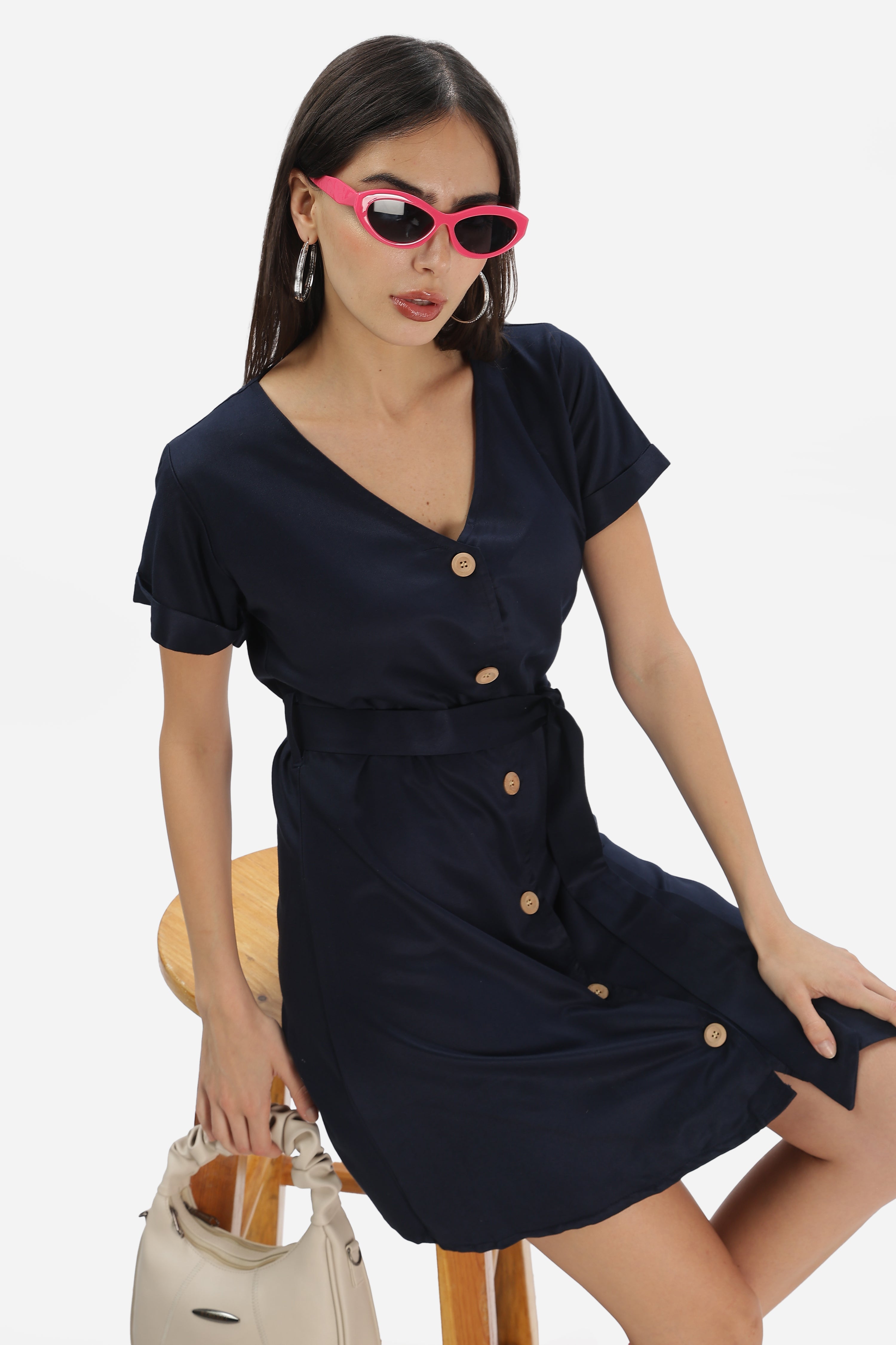 Button Cuffed Sleeve Twill Dress - Navy Blue