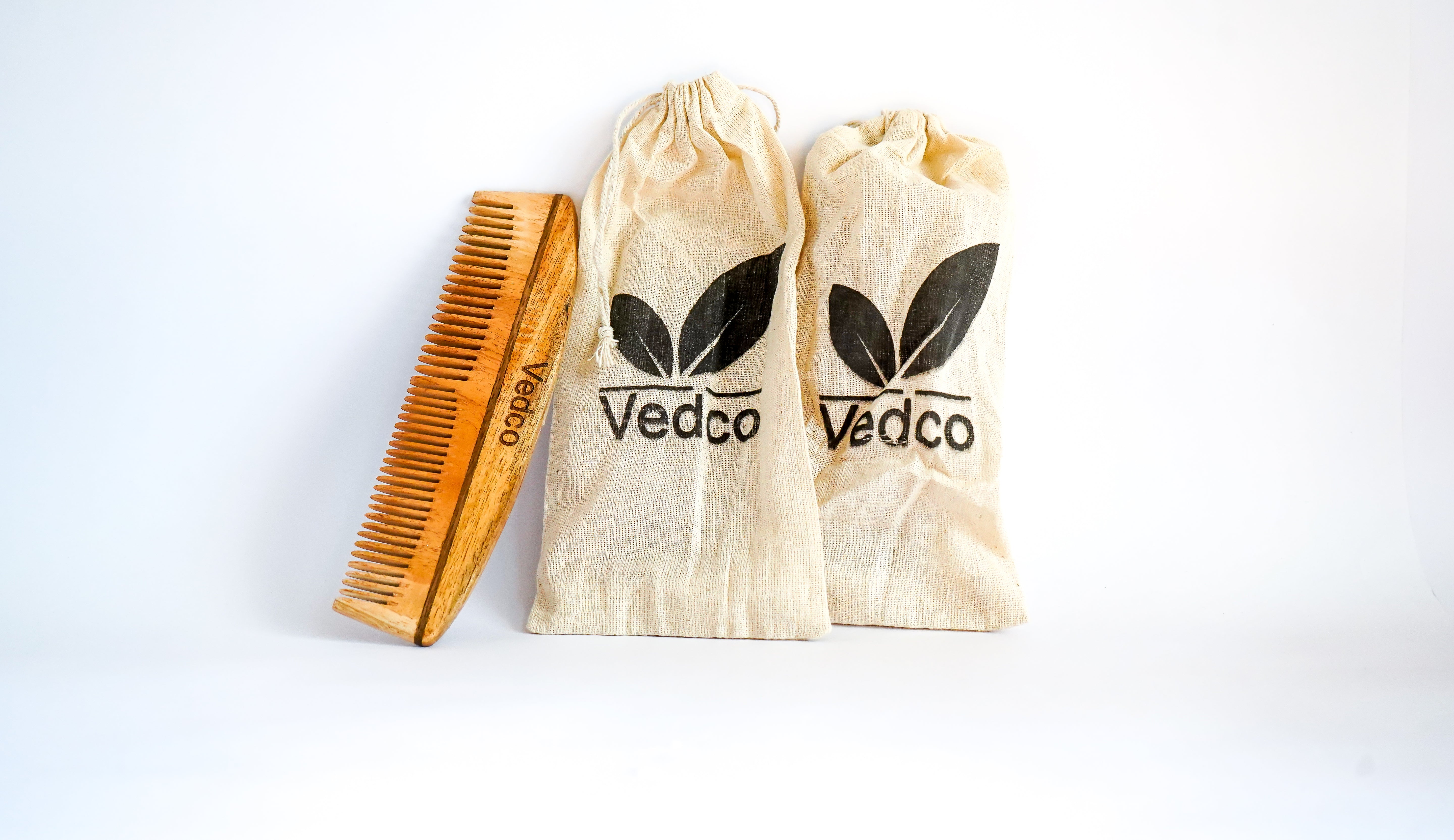 Vedco Twin Teeth Pure Neem Wood Comb | With Cotton Pouch