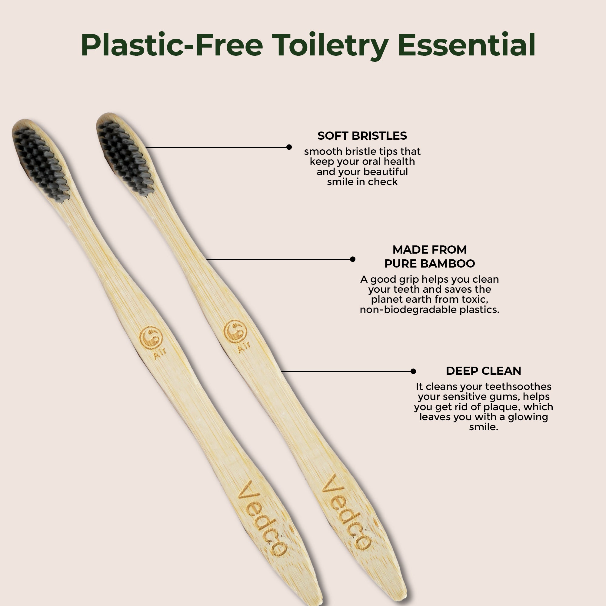 Vedco Eco Harmony Bamboo Toothbrush | Charcoal Activated Soft Bristles | Pack of 4