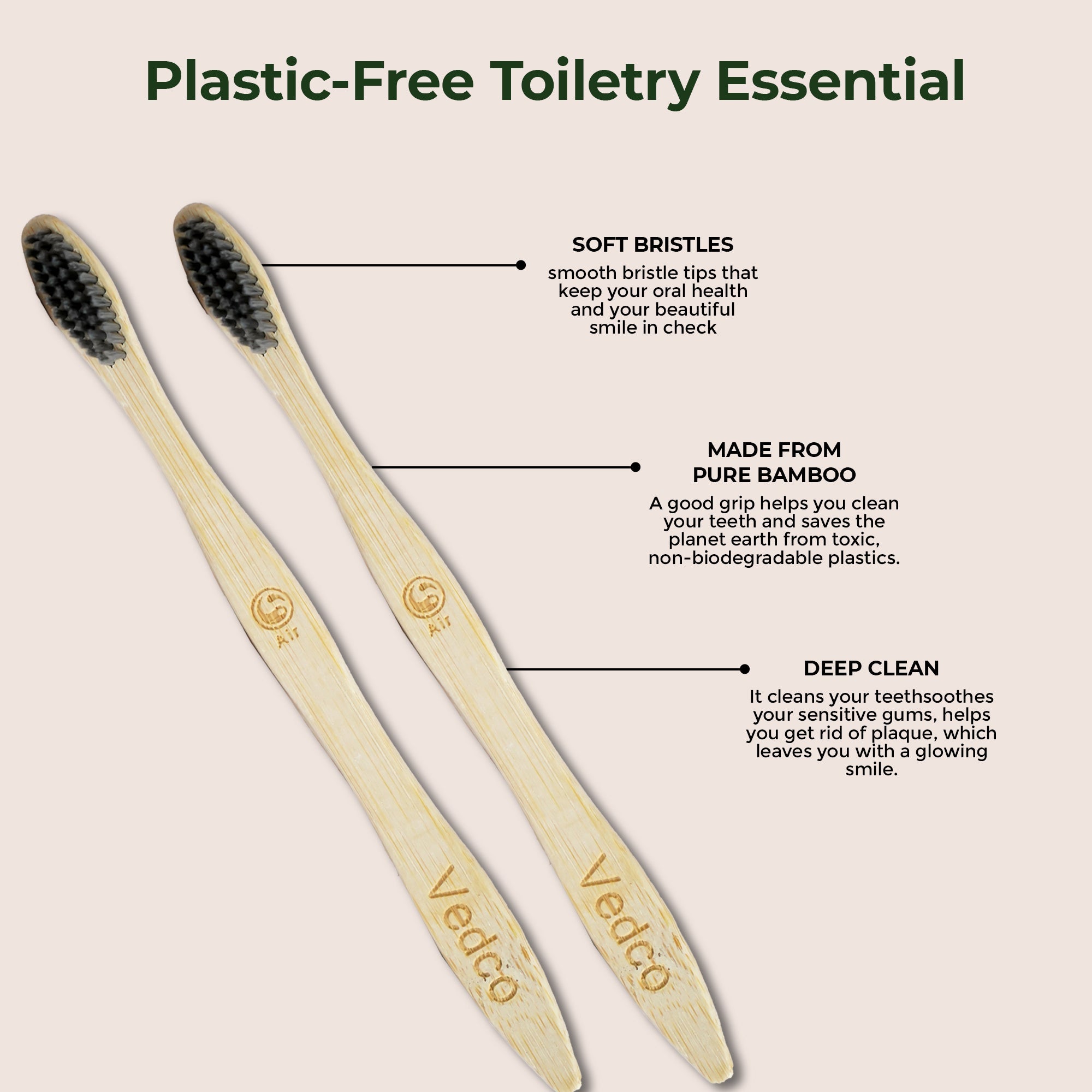 Vedco Eco Harmony Bamboo Toothbrush | Charcoal Activated Soft Bristles | Pack of 8